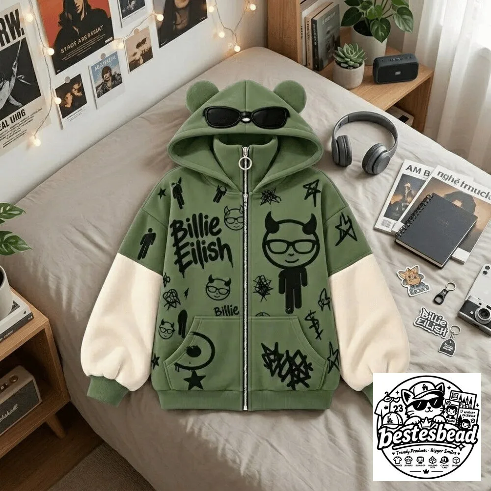 Billie Eilish Graffiti Devil Ear Zip-Up Hoodie 2026 Special