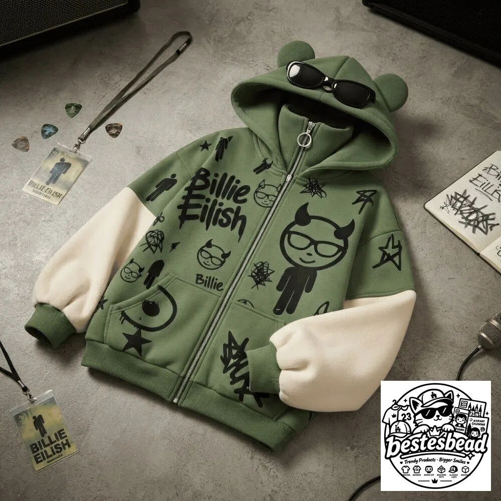 Billie Eilish Graffiti Devil Ear Zip-Up Hoodie 2026 Special