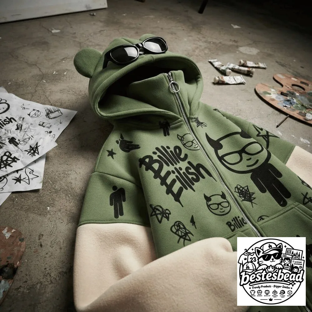 Billie Eilish Graffiti Devil Ear Zip-Up Hoodie 2026 Special