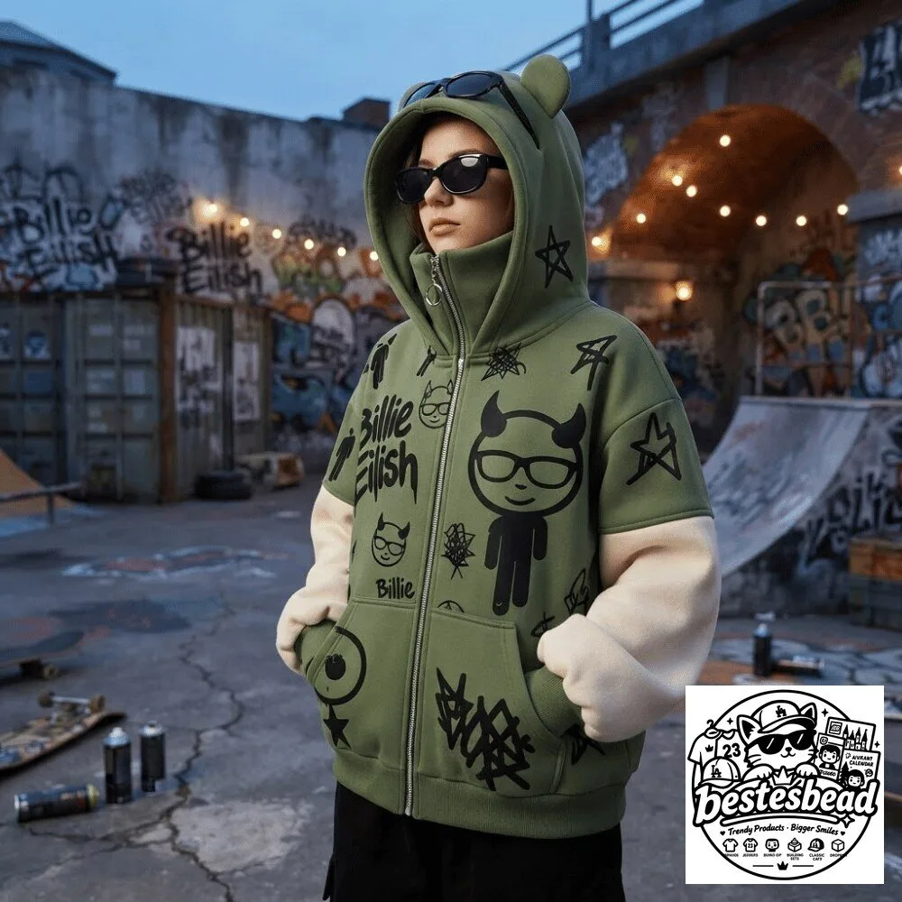 Billie Eilish Graffiti Devil Ear Zip-Up Hoodie 2026 Special